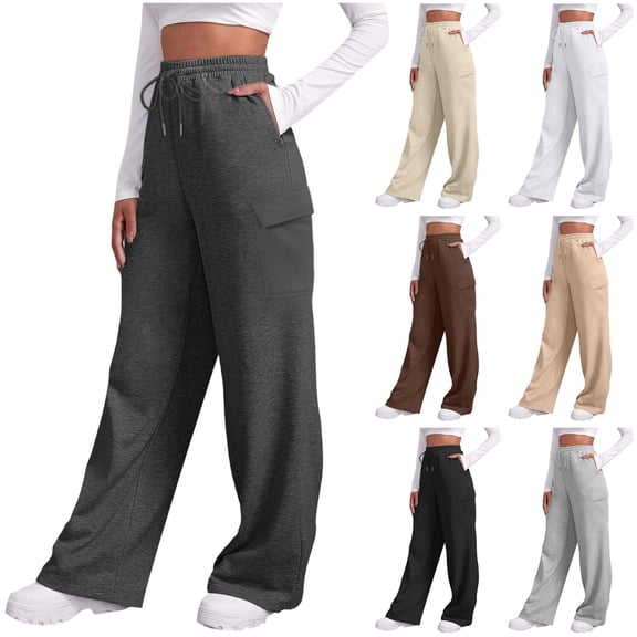 Hilenly Womens Cargo Sweatpants Straight Leg Tall Sweat Pants High Waited Fleece Lined Lounge Pants with Pockets
