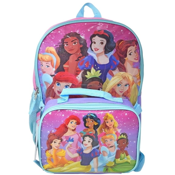 Disney Princesses 16" Pink Shoulder Backpack for School with Rectangular Lunch Bag, For Girls