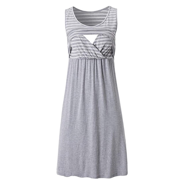 Zwiiyzr 2025 Robe de Maternité d'Été Sans Manches pour Femmes Débardeur Tendance à Rayures Allaitement Enceinte Patchwork Sans Manches à Col Rond Robe d'Allaitement Gris