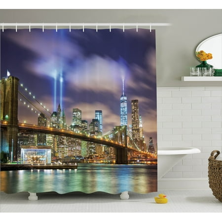 Landscape Shower Curtain, Manhattan Skyline with Brooklyn Bridge and Towers in NYC United States America, Fabric Bathroom Set with Hooks, Puple Green, by