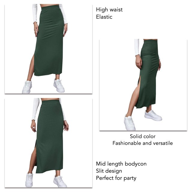 Slit Long Skirt, Bodycon Long Skirt Solid Color Elastic Easy Matching For Vacation Green,Red,Brownness,Brown,Black
