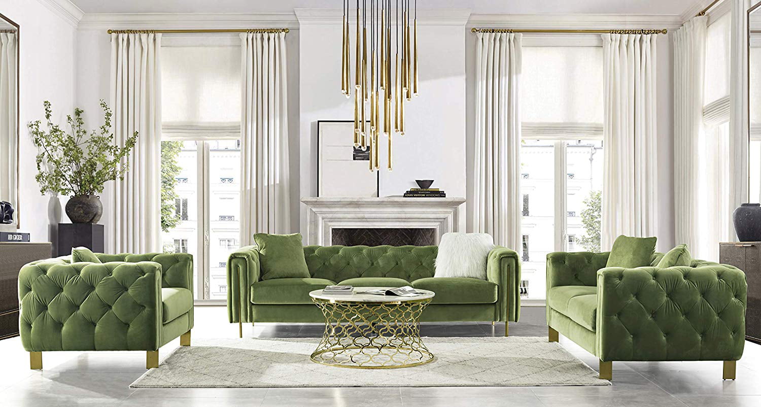 Mint Green 3 Piece Set Acanva Luxury Chesterfield Vintage Tufted Velvet Living Room Sofa with Metal Legs