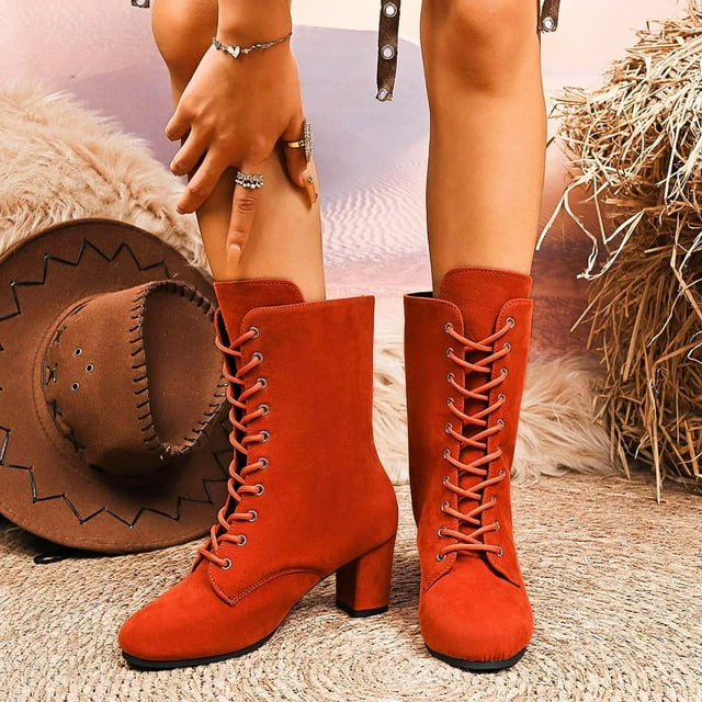 Roncen Bottes Cuissardes à Talons Hauts pour Femmes en Suède à Laçage avant Style Britannique Largeur Grand Bottes de Mode Automne Hiver - Bottes Longues Confortables à Rehaussement de Taille Tendance Chic pour Femmes