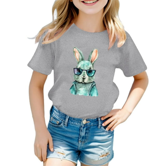 MIASHUI Boys Girls Easter Shirts Bunny Short Sleeve Tee Funny Rabbit Graphic T Shirts,Grey,4-5 Years