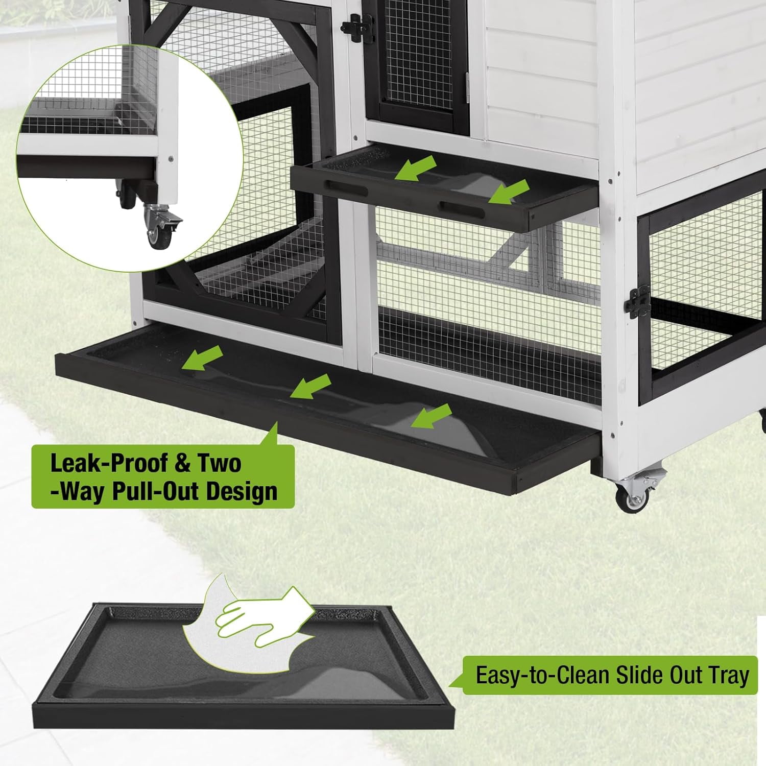 2-Story Rabbit Hutch Bunny Cage with Leak-Proof Trays & Chew-Proof Ramp - Indoor/Outdoor 39.3" Wooden Rabbit Cage with Wheels (Black)