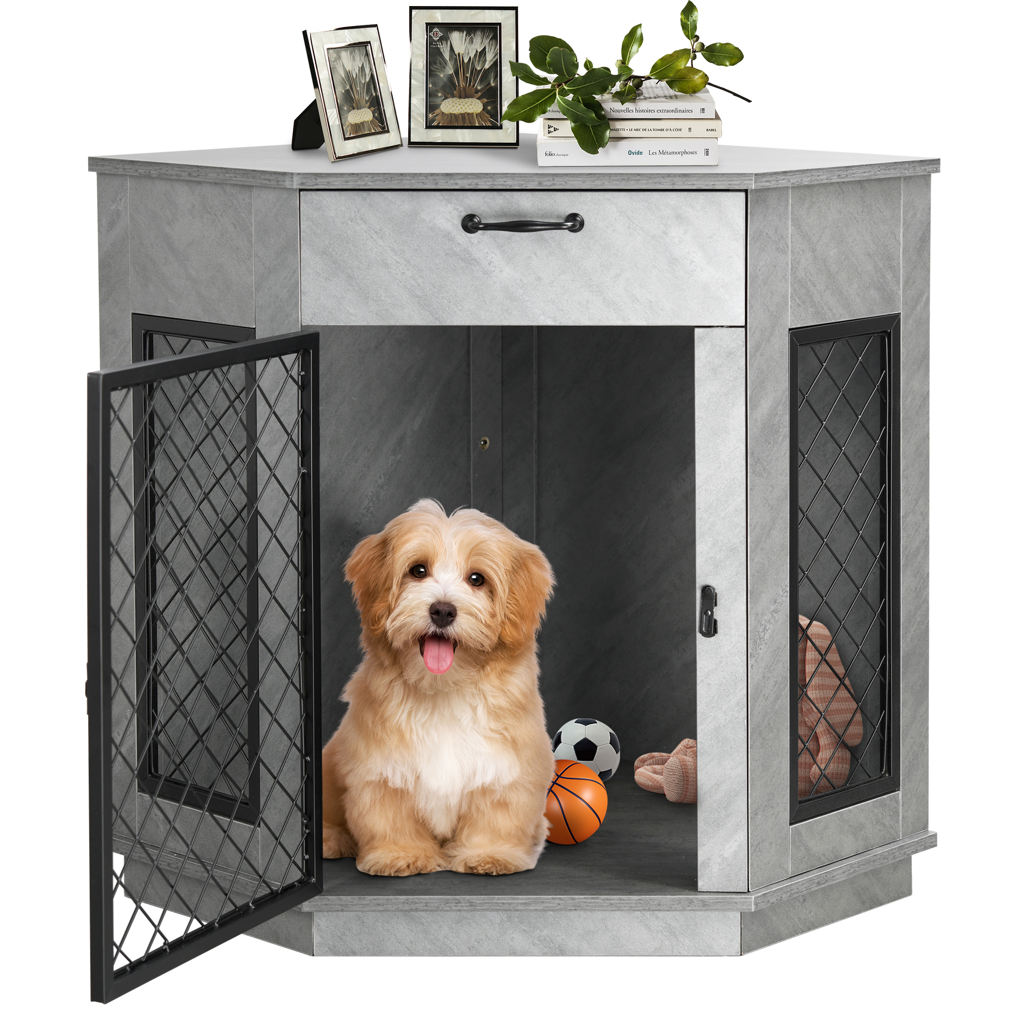LVSOMT Corner Dog Crate with Drawer, Wooden Furniture Style Dog Kennel