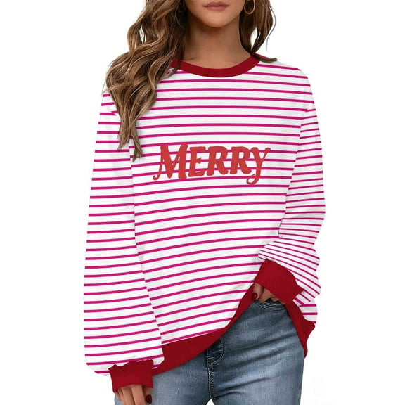 Makaor Womens Sweatshirts Christmas Plus Size Crew Neck Tops Striped Long Sleeve Pullover Tees Fleece Cute Vacation Clothes