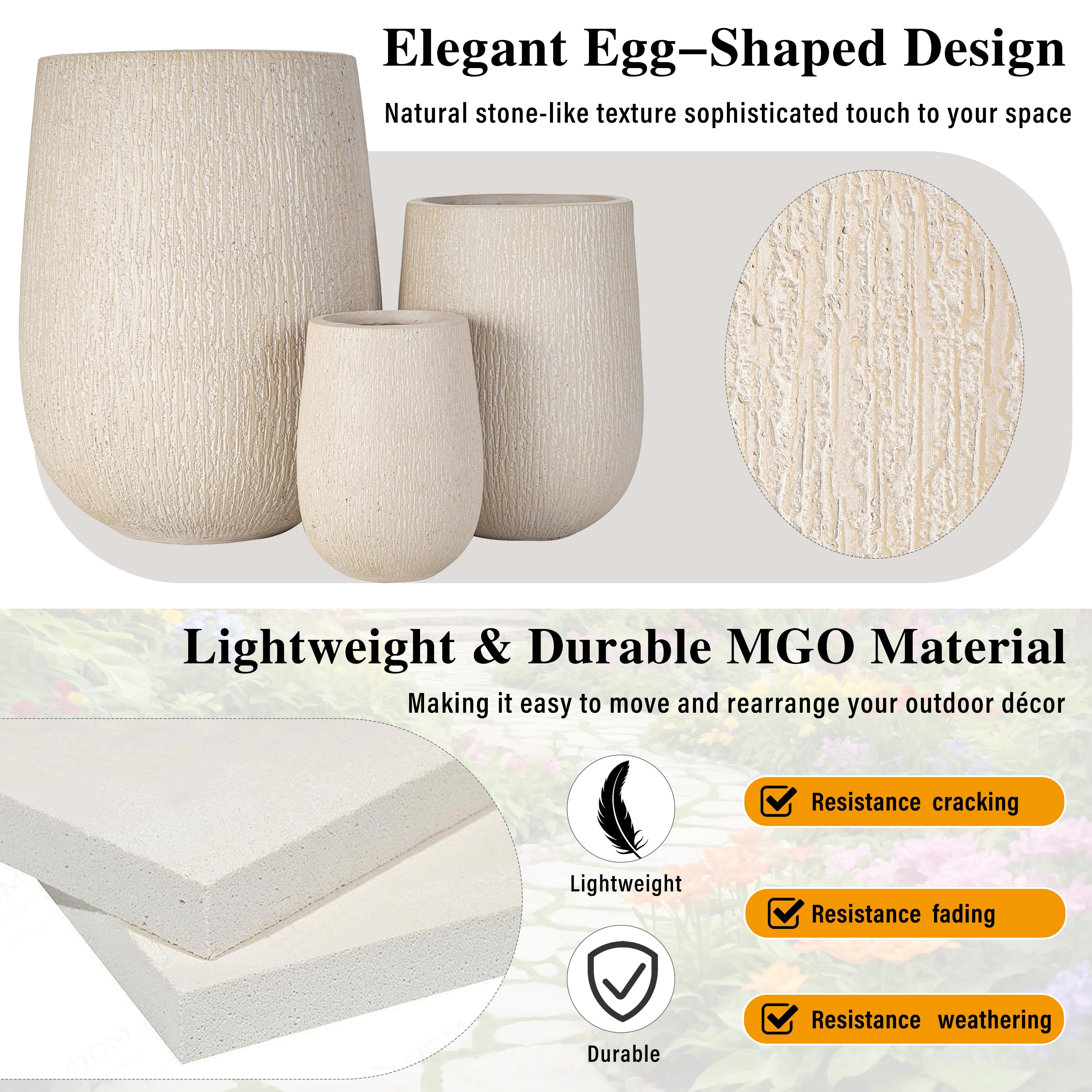 Mintazer Modern Planter Set of 3, 15.6''/10.8''/7.3'' Stackable Flower Pots with Drainage Holes, Stone-Look Textured Decorative Plant Pots for Indoor & Outdoor, Beige