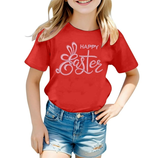 LUOGENLI T-Shirt pour Filles T-Shirt Décontracté pour Enfants Mode Imprimé Col Rond Manches Courtes T-Shirt Chemises pour Filles Travail Grande Taille Rouge 8-9 Ans