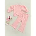 thumbnail image 4 of Qiylii Baby Girls Solid Color Outfit Lantern Sleeve Round Neck Sweatshirt + Flared Pants, 4 of 9