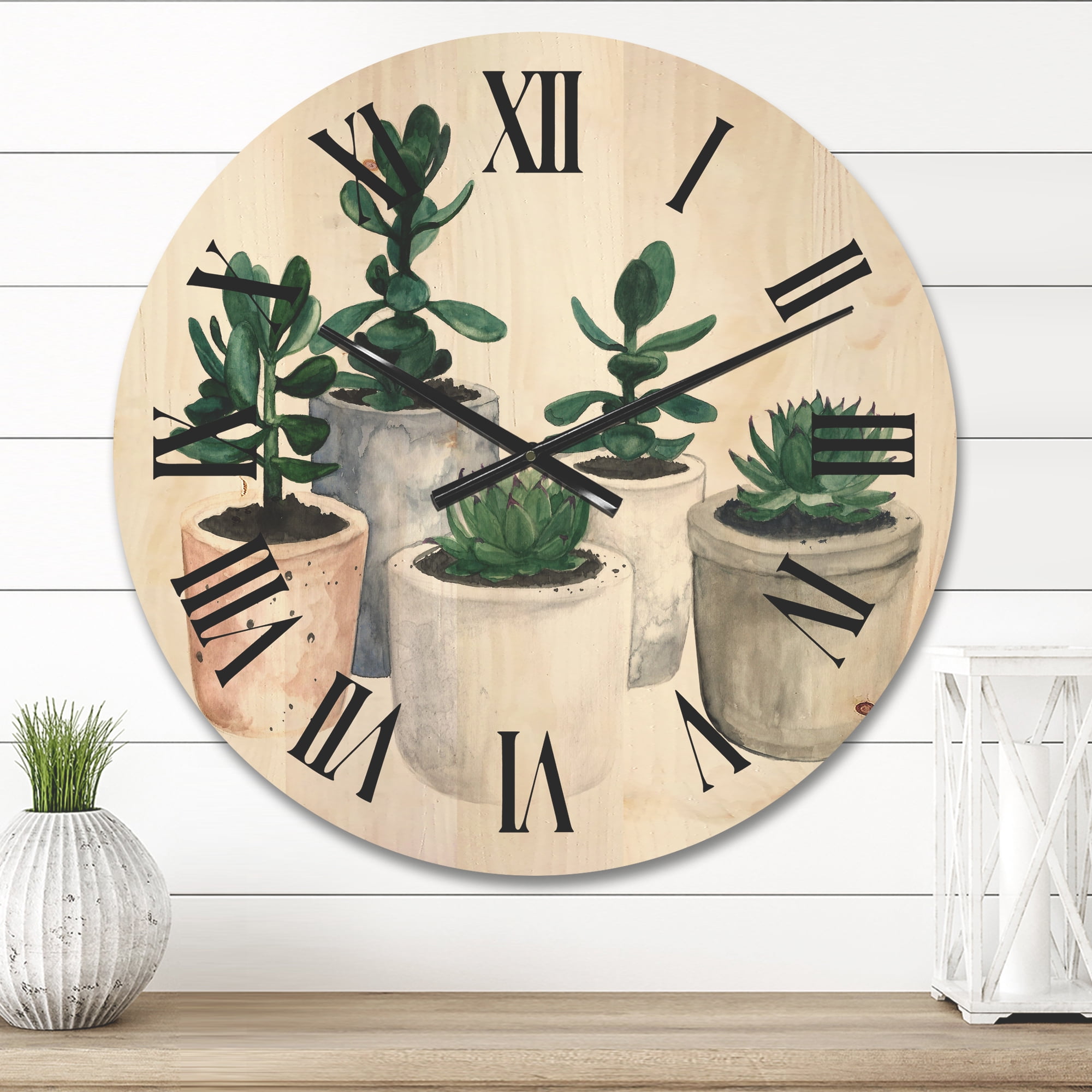 Designart 'Succulent and Cactus House Plants VI' Farmhouse Wood Wall Clock