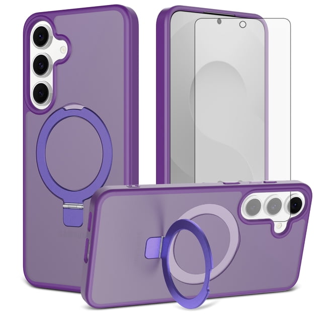 Asuwish Phone Case for Samsung Galaxy S25 FE 5G Tempered Glass Screen Protector Magnetic Folding Stand Frosted Translucent Rugged Shockproof Protective Cell Cover S 25 EF S25FE Women Men Deep Purple