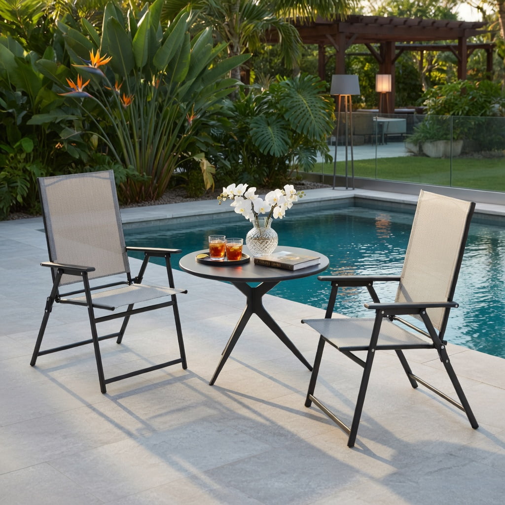 Hommoo 4-Pack Folding Patio Chairs, Rust-Resistant Metal Frame, Fabric, High-Back Comfort Design for Backyard, Deck & Camping, White