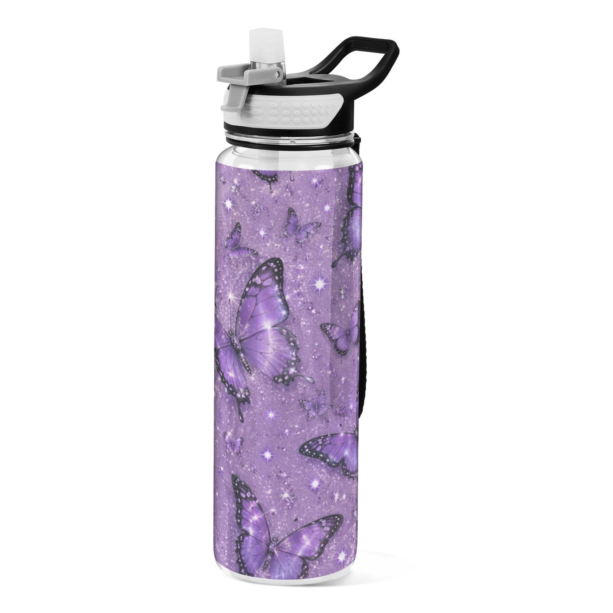 1000ML Transparent Sports Water Bottle with Handle & Straw Portable Water Bottle for Outdoor Camping Gym Dreamy Purple Butterfly Pattern