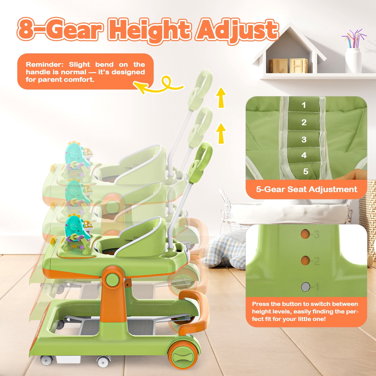 WonderStone Baby Walker, Adjustable Seat and Height, Music & Light, Dinosaur Walkers and Activity Center for Boys and Girls 6-24Months (Green)