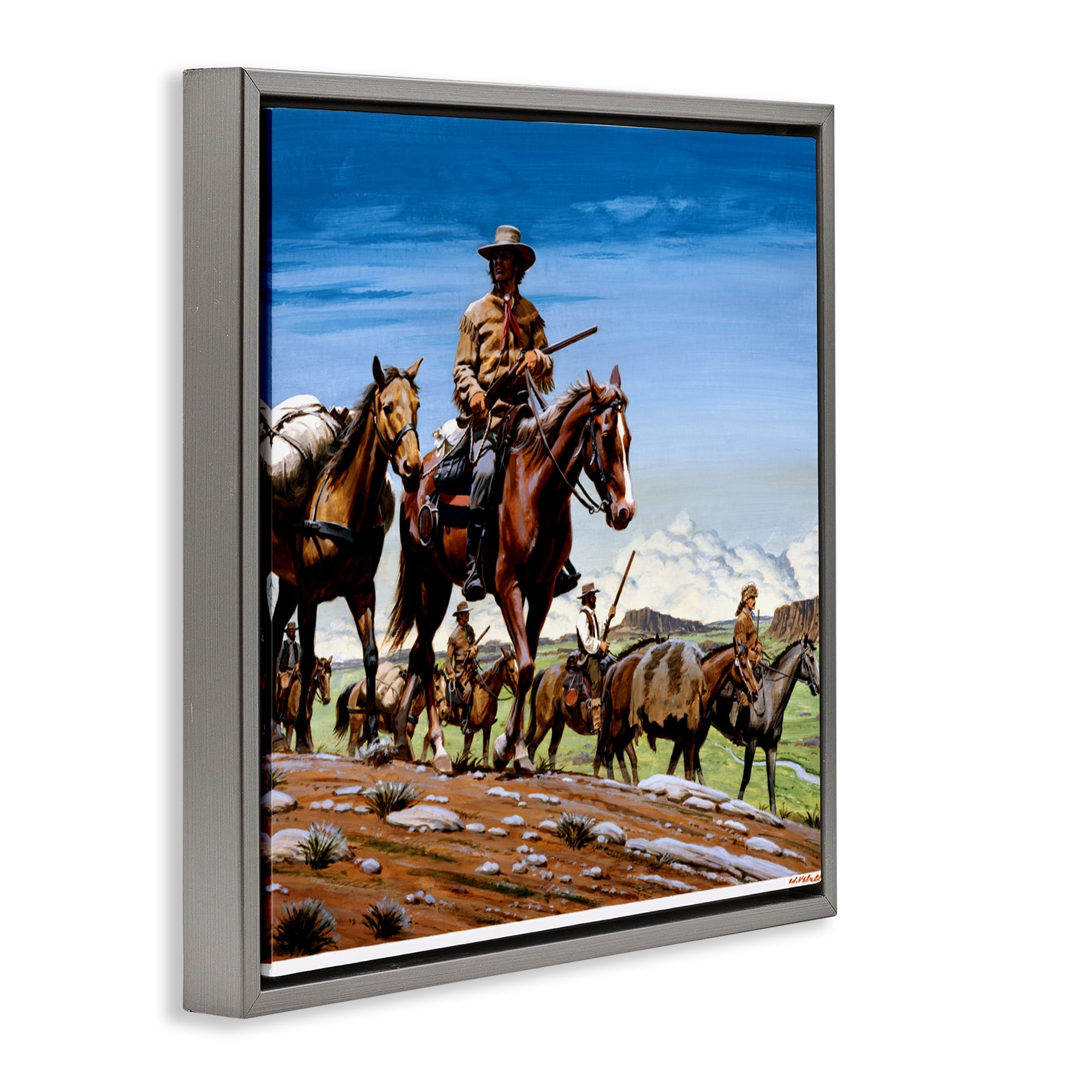 Santa Fe Trail Cowboys Gray Framed Floater Canvas Wall Art, design by Wind River Studios