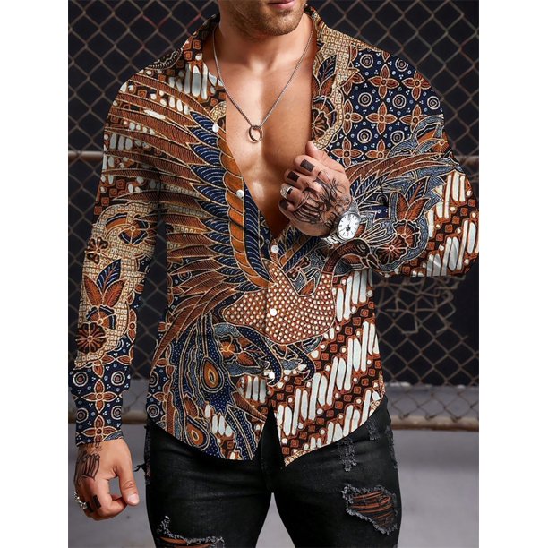 Camisas de manga larga con estampado retro para hombre, ropa de tendencia étnica, camisetas casuales de manga larga para exteriores de temporada para hombre, camisetas grandes para hombre