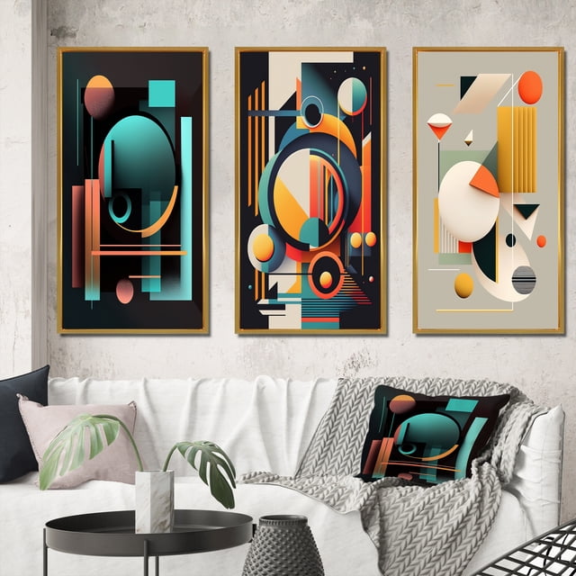 Designart "Essential Dimensions of Minimal Bauhaus II" Modern Geometric Framed Wall Art Set Of 3 - Blue Abstract Geometric Frame Gallery Wall Set For Home Decor