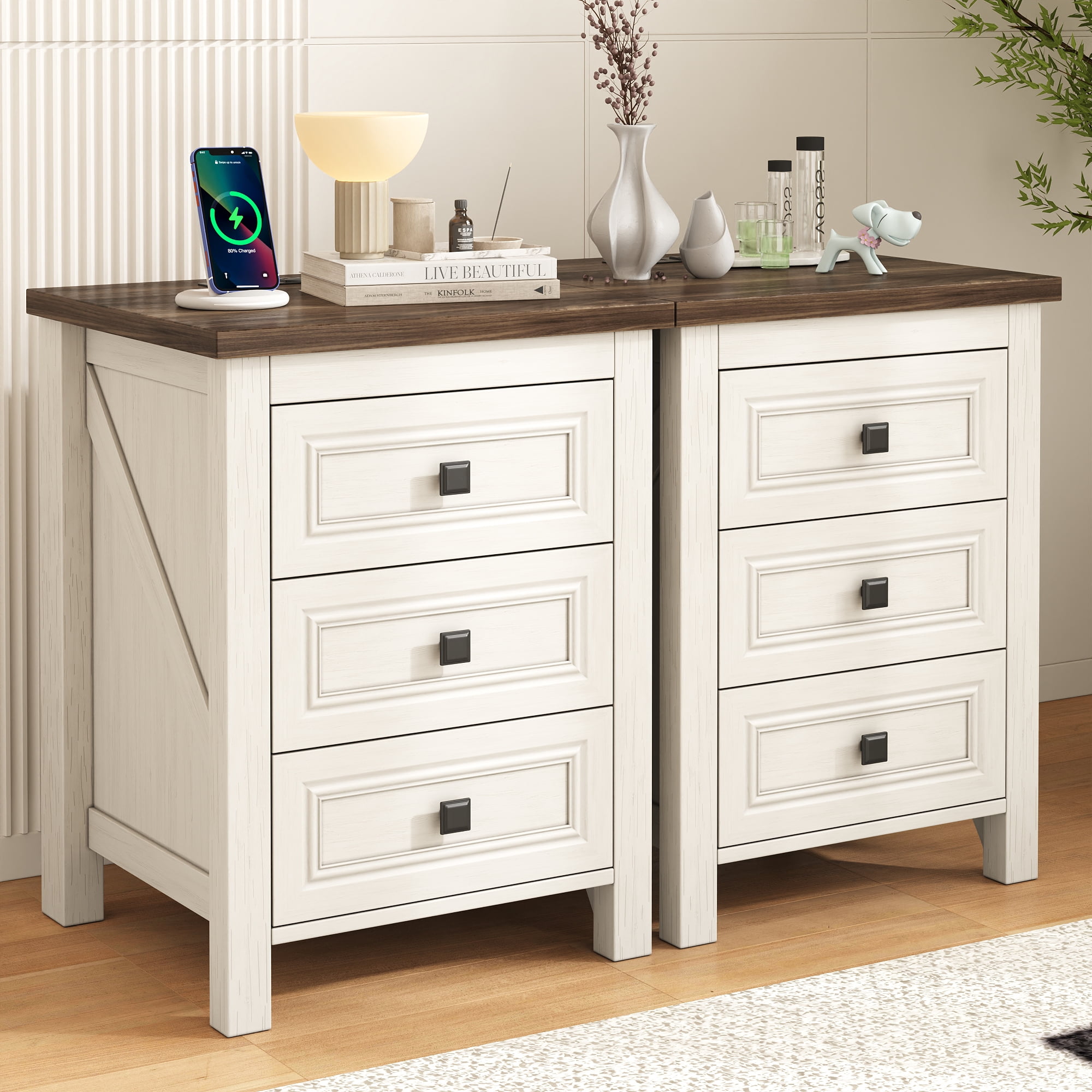 IDEALSOUL Nightstand, Bedside Table with Charging Station, White Farmhouse 3 Drawer Nightstand Rustic Night Stand End Tables for Bedroom Living Room