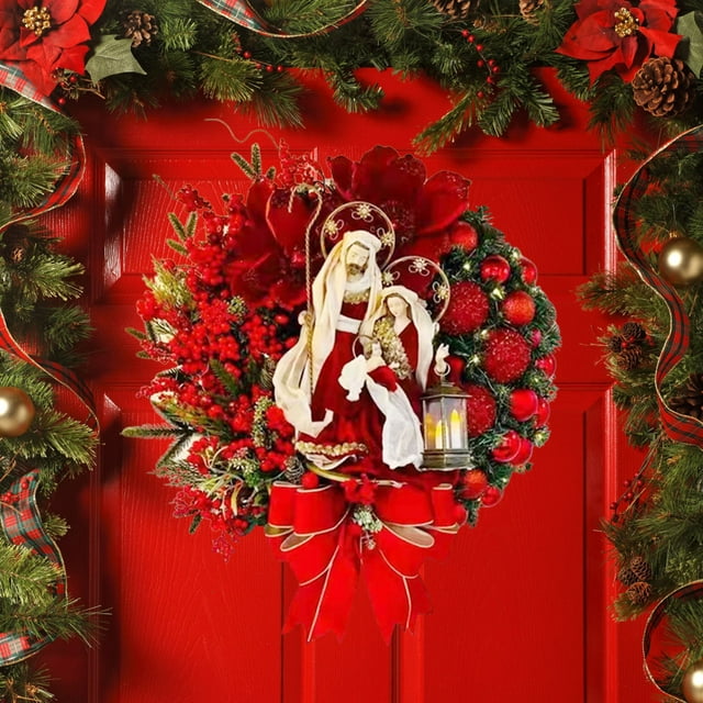 Holy Family Scene Illuminated Christmas Wreath for Festive Front Door and Home Holiday Decorations