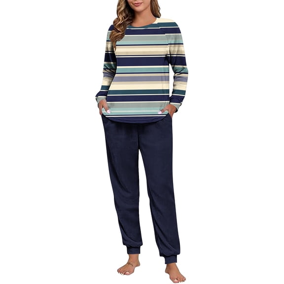 Felirenzacia Womens Striped Pajama Sets with Pockets, Fleece Lined Long Sleeve Shirts with Cuffed Full Pants, Cozy Casual Longewear, Winter Warm Thermal Undershirts