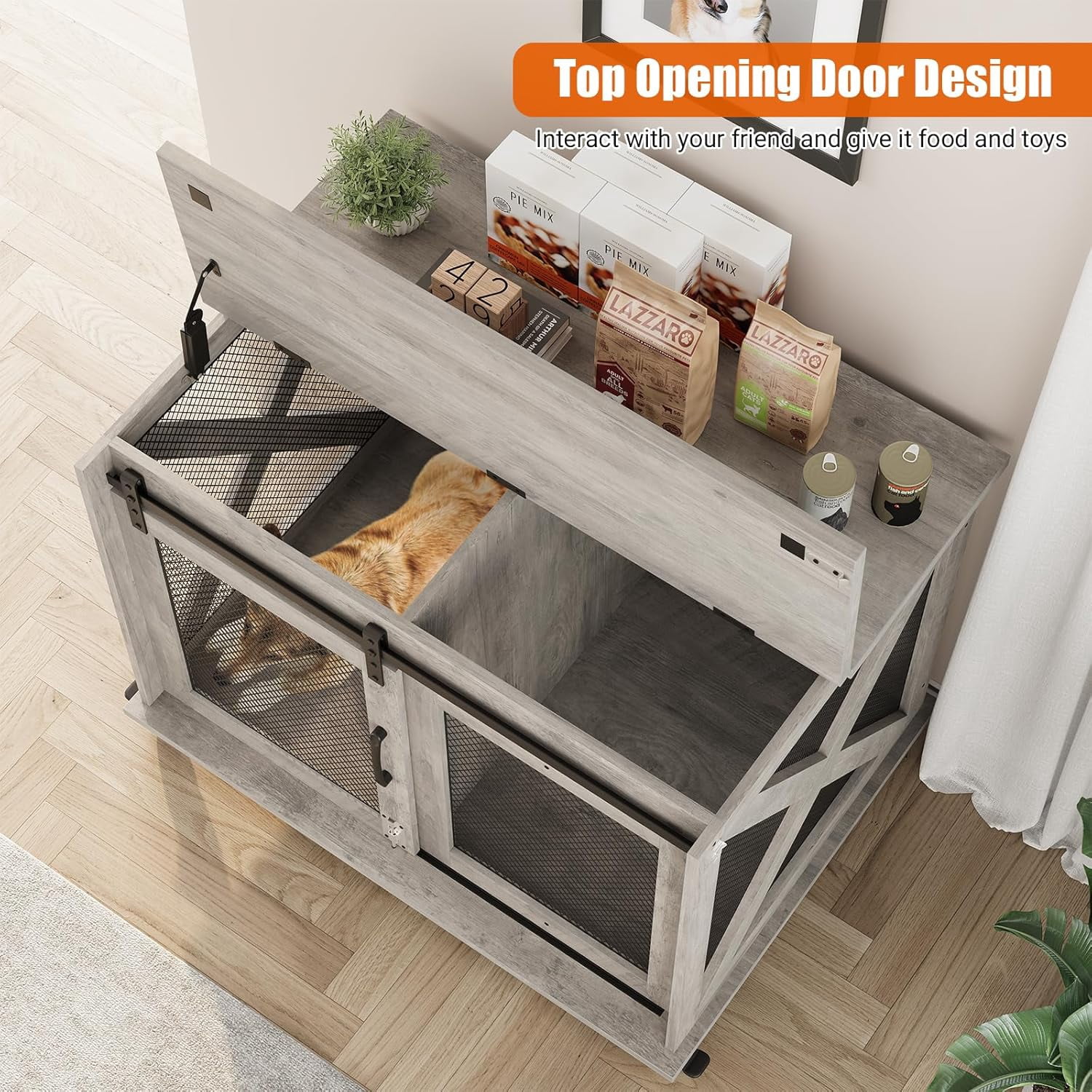 Studyset Dog Crate Furniture with Flip Top, 37" Dog Cage Furniture with Sliding Barn Door, Wheels and Removable Divider, Furniture Style Dog Crate Table, Indoor Dog Kennel for Large Dogs