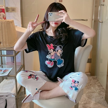 

New Homewear Short Sleeve Pajamas Set Cute Leisure Women Sleepwear 2Pcs Nightwear for Women Nightwear Long Loose Waist Pant