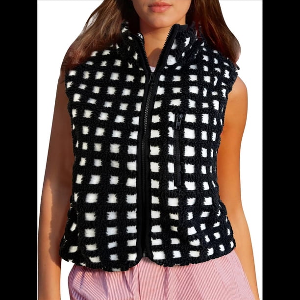 Chaleco de Cuadros para Mujer, Sin Mangas, de Forro , de Invierno, con Cuello Alto, Cremallera y Bolsillo en el Pecho. Negro XL