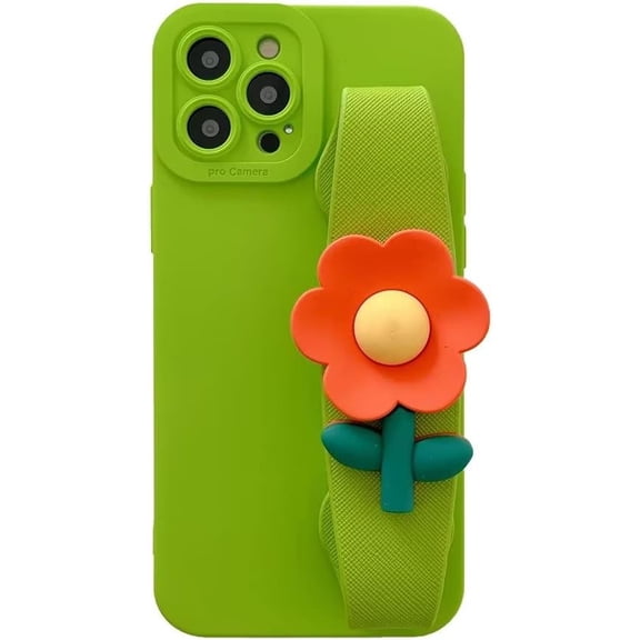 Green Phone Case with Cute 3D Orange Flower Wristband Stand, Camera Lens Protection, Shockproof Soft Case for iPhone 14 Pro