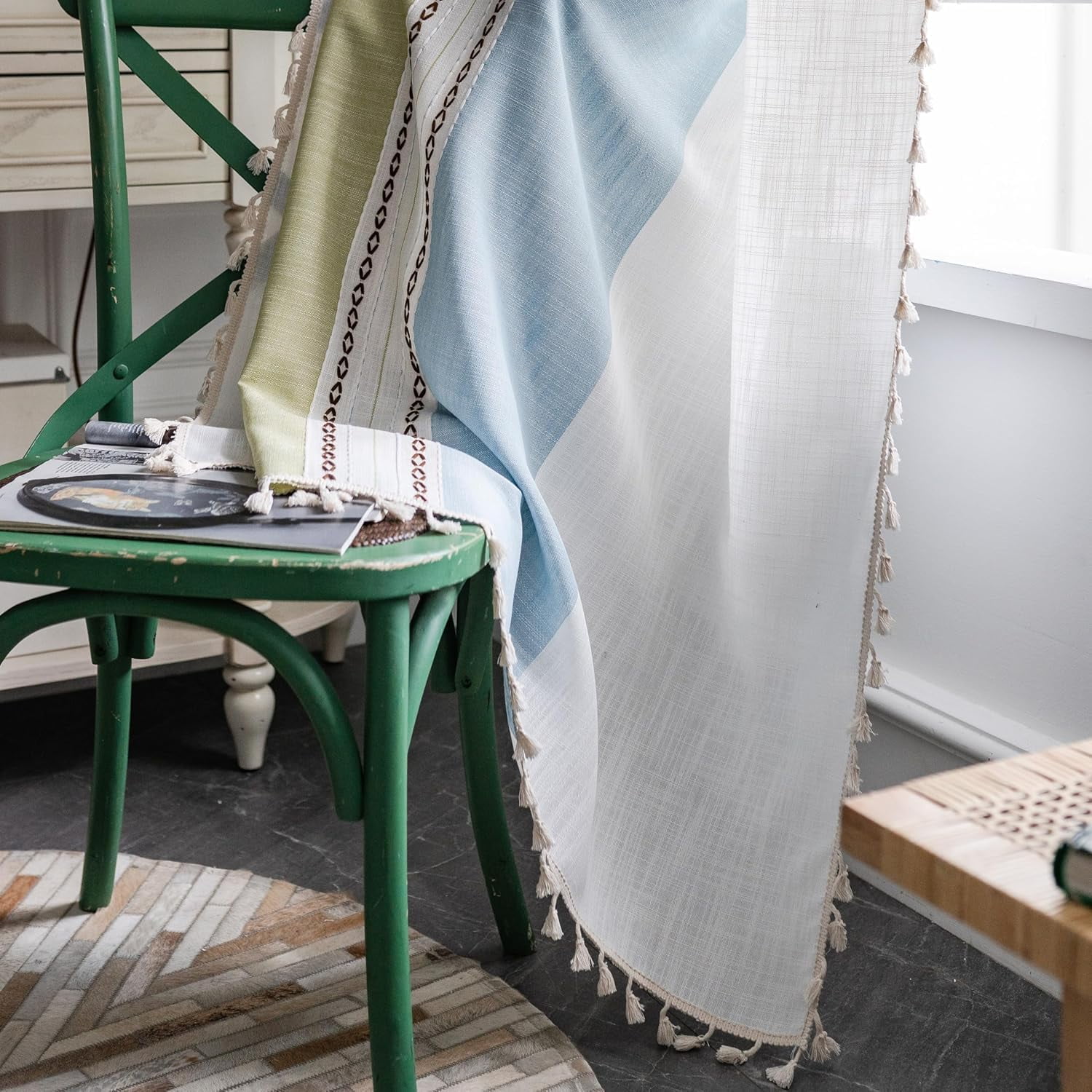 AIGIA Boho Linen Curtains for Bedroom Living Room Semi Blackout Farmhouse Tassels Bohemian Embroidery Drape Rod Pocket 1 Panel