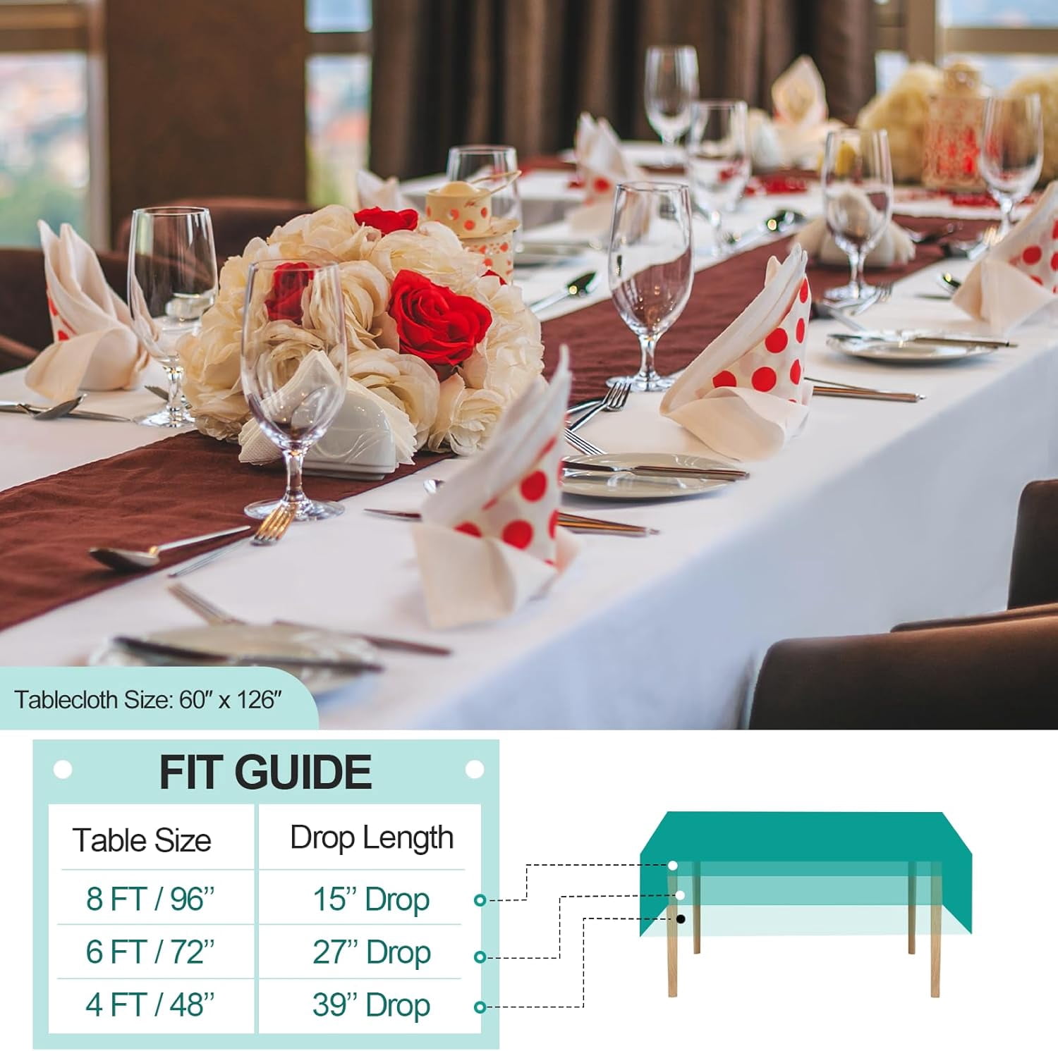EMART 60×126 inch Rectangle Tablecloth, 6 Pack White 100% Polyester for Banquet, Wedding, Party, Picnic