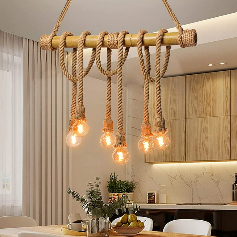Arturesthome 6 Heads Hemp Rope Pendant Light, Vintage Bamboo Arturesthome 6 Heads Hemp Rope Pendant Light, Vintage Bamboo