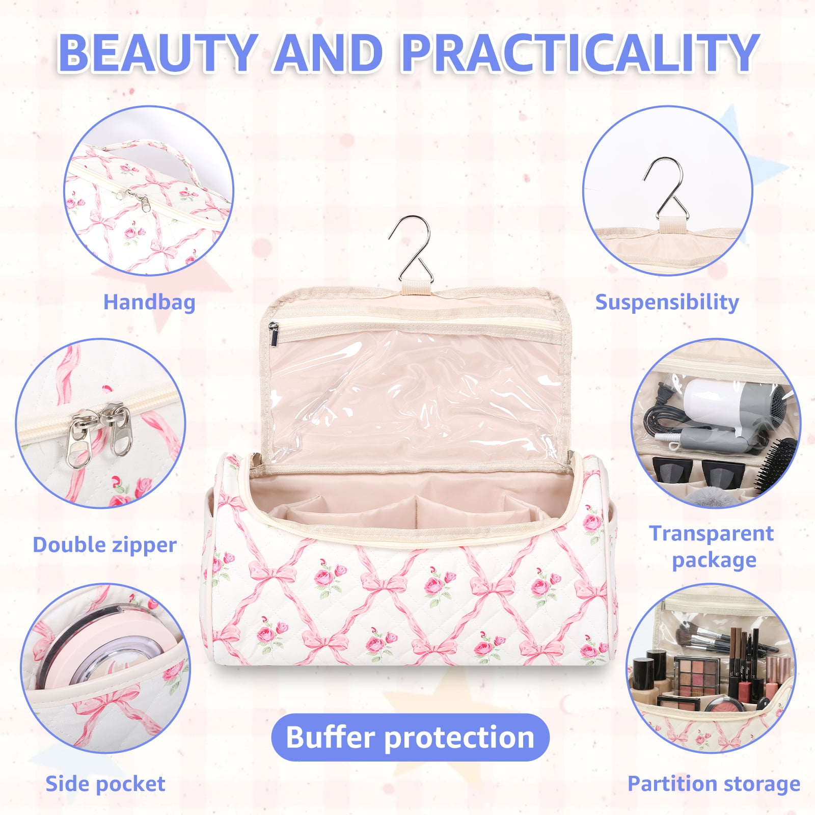 NUAHRHY Travel Makeup Bag with Handle, Cosmetic Organizer Bag Toiletry Bag for Women Girls, Cute Travel Essentials Case with Compartments, Vertical Make up Storage Bag Hair Dryer Holder