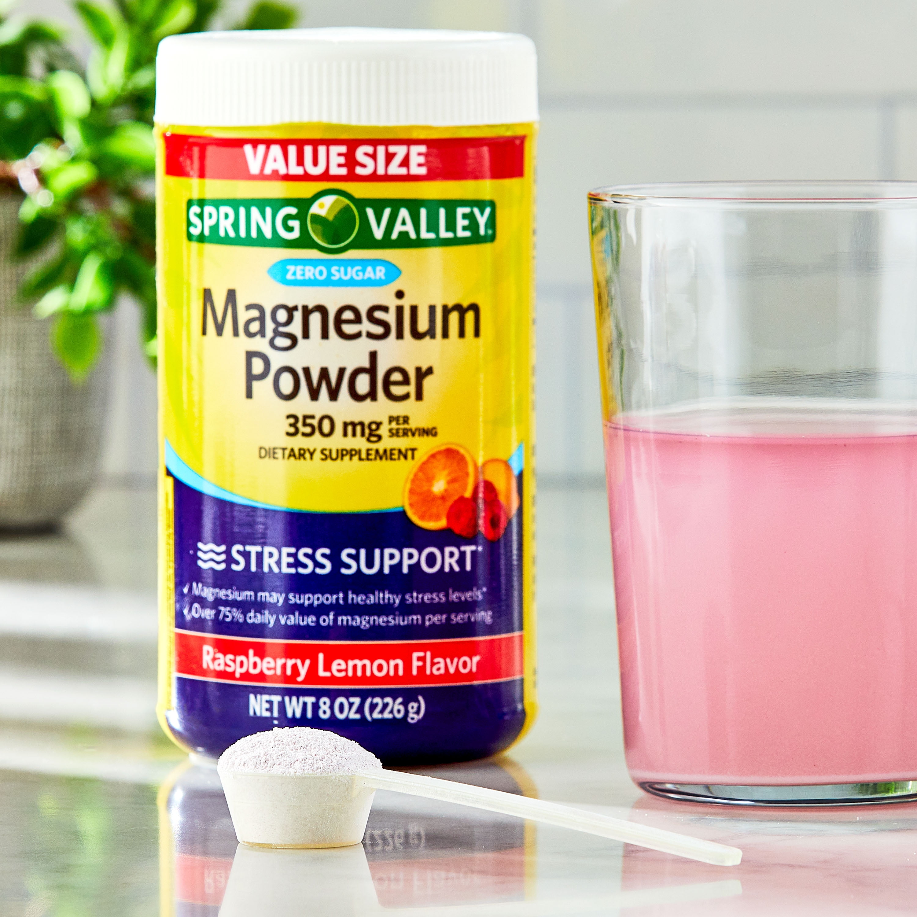 (3 pack) Spring Valley Magnesium Stress Support Dietary Supplement Powder, Raspberry Lemon Flavor, 350 mg, 8 oz