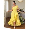 thumbnail image 3 of Pale Yellow Plus Size One-Shoulder A-Line Dress With Ruffle Hem And Tie Waist For Formal Evening Events, 3 of 7