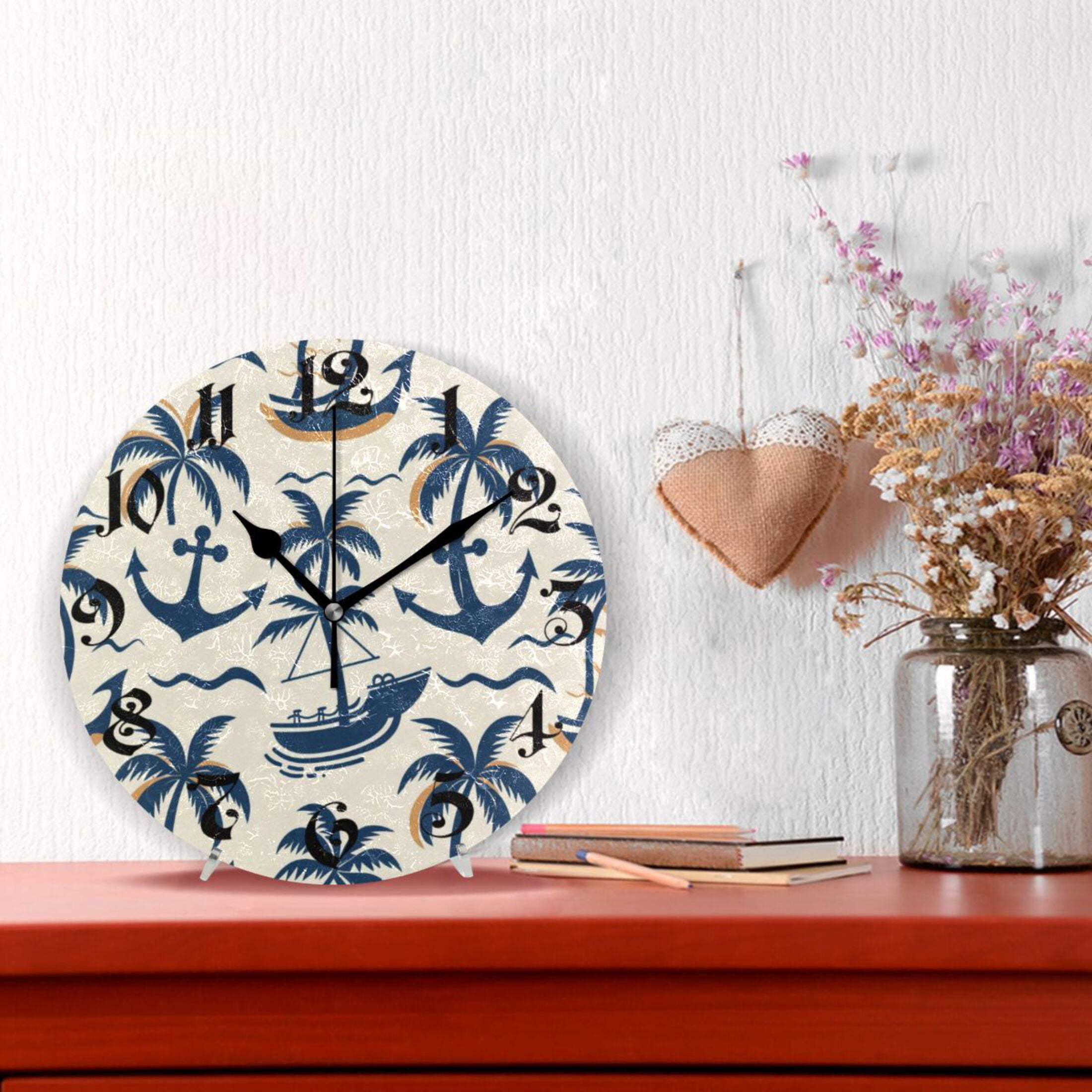 10 Inch Decorative Wall Clock - Rustic Palm Tree Design, Battery Operated & Silent | Wooden Clock For Living Room, Bedroom, Office