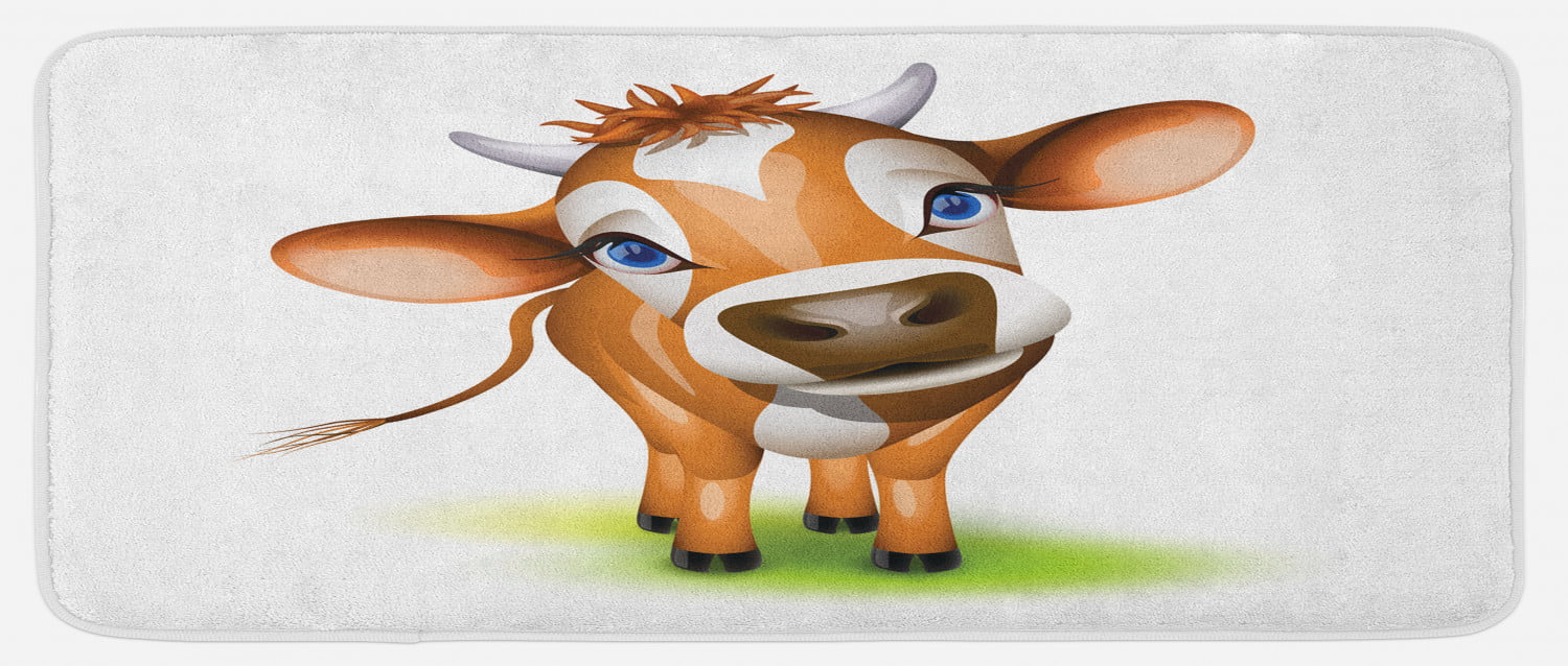 Cartoon Kitchen Mat, Digitally Composed Cow with Captivating Eyes Livestock  Theme, Plush Decorative Kitchen Mat with Non Slip Backing, 47