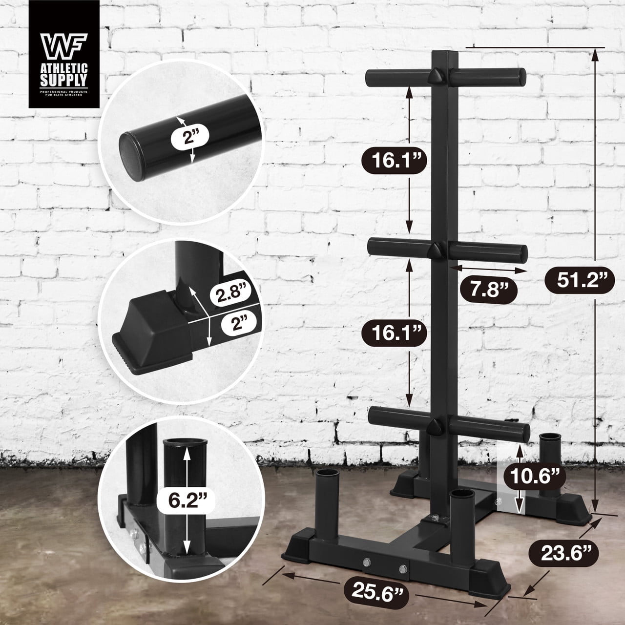 WF Athletic Supply Olympic Bumper Plate Storage Rack, Home Gym 2 Inch Weight Plate Holder, Heavy-Duty Weight Plate Tree with 4 Barbell Holders, 800LB Weight Capacity, Black