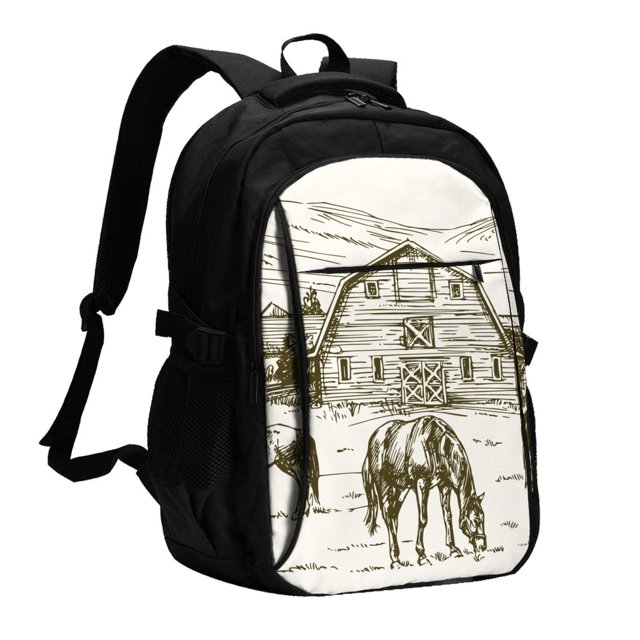 Disketp Horses Grazing On Meadow Mochila de Viaje Estampada para Laptop con Puerto de Carga USB, Mochila Impermeable para Computadora – Regalo para Hombres y Mujeres