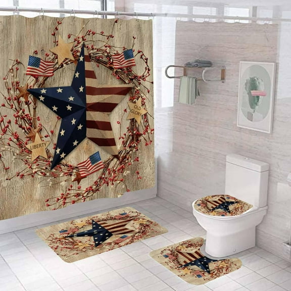 4PCS Vintage Beige Red Buffalo Plaid Shower Curtain Sets With Rugs, Primitive Shower Curtain, Waterproof Fabric Shower Curtain, Burgundy Checkered Check Country Rustic Farmhouse Bathroom Decor