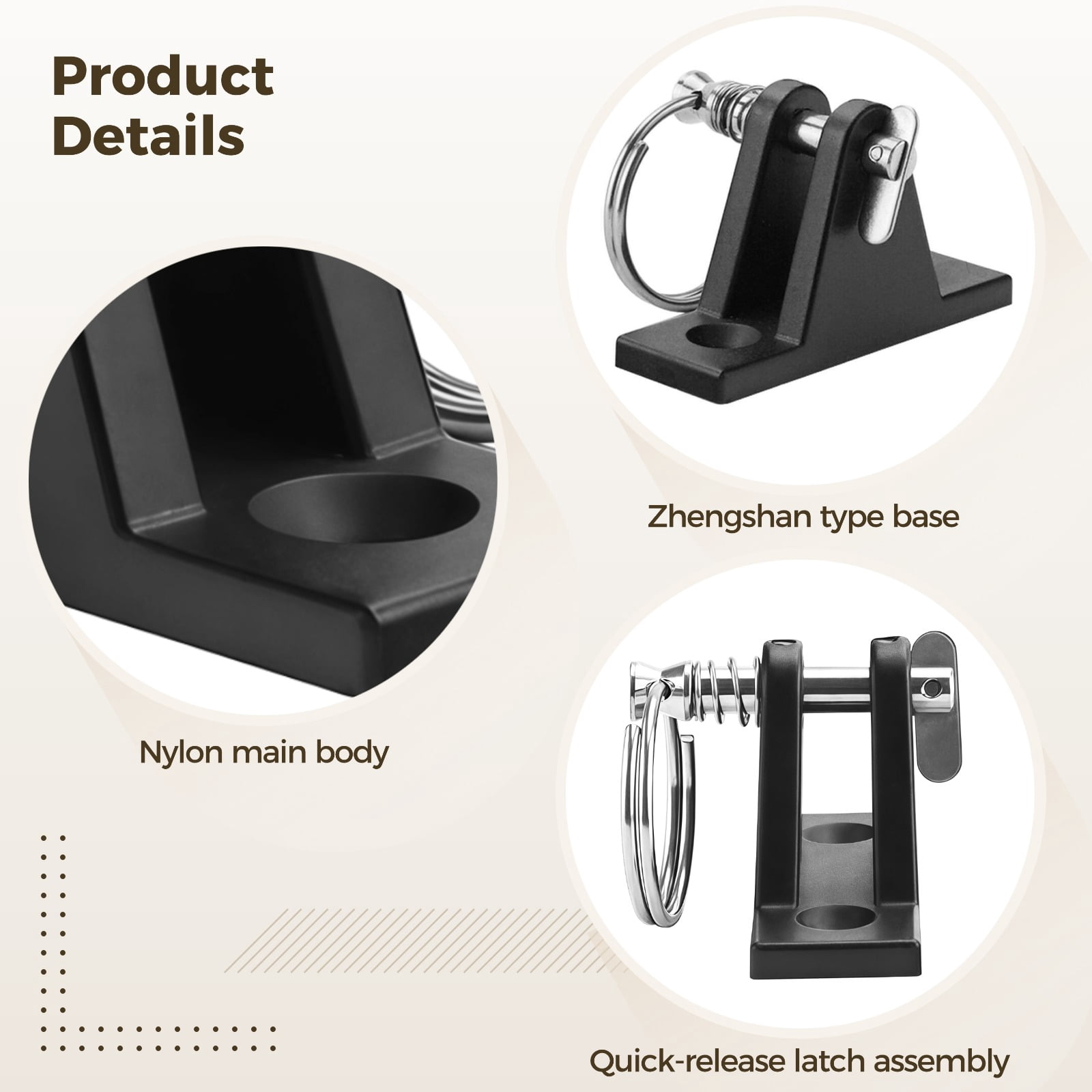 4 Pcs Black Stainless Steel Bimini Top Deck Hinge with Quick Release Pin, Nylon Mount Bracket 2.4 x 0.8 x 1.6 in, Includes Screws, Marine Boat Bimini Top Hardware