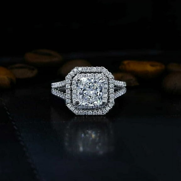 Silvago Jewel Excellent 1.8 Ct Cushion Cut Lab Created Simulated Diamond Rings - White Gold Over 14K Silver Diamond Rings - Multi Stone Wedding Diamond Rings for Women's - Party Wear Diamond Rings
