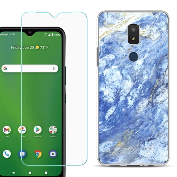 Slim-Fit TPU Fashion Phone Case for Cricket Icon 3, with Tempered Glass Screen Protector, by OneToughShield ® - Marble / Gem Blue