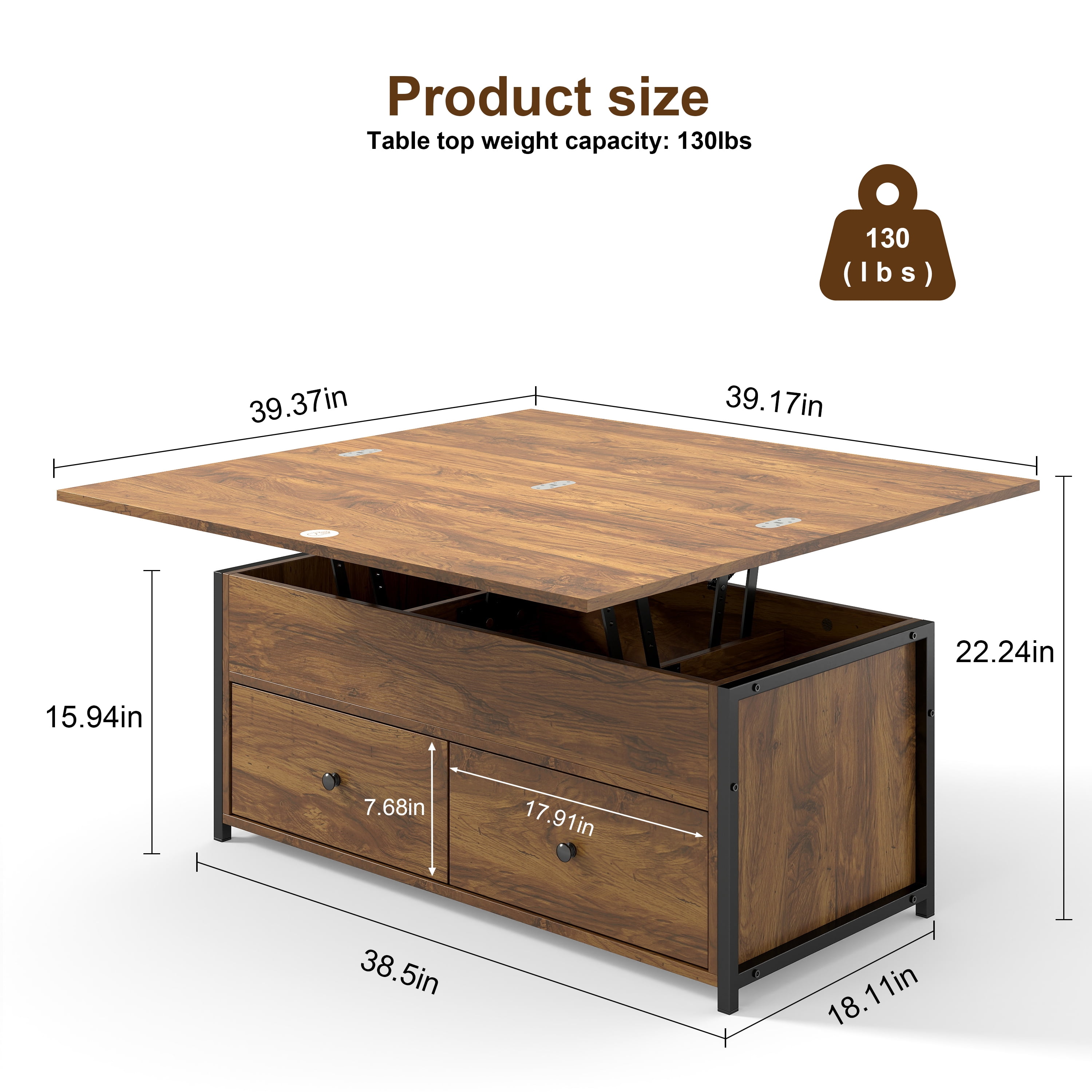 Manora Lift Top Farmhouse Storage Coffee Table with 2 Drawers, Brown