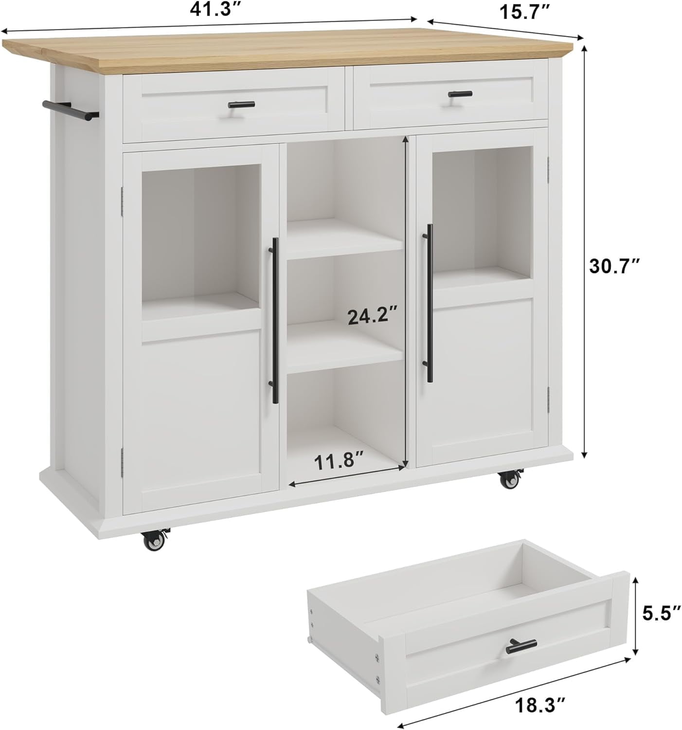 Rolling Kitchen Island Cart with Storage, Foldable Drop Leaf Top, 2 Glass-Door Cabinets, 2 Large Drawers, Spice Rack & Towel Bar, Mobile Kitchen Cart on Lockable Wheels, White