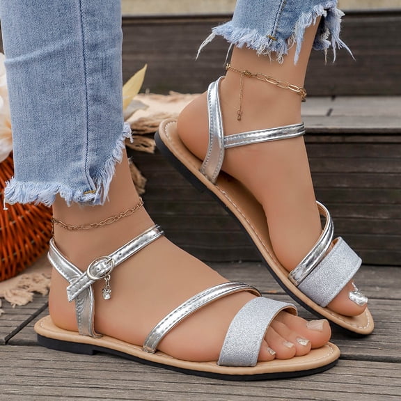 Xdegoge Flat Sandals for Women Summer Casual Strappy Open Toe Ankle Buckle Minimalist Metallic Detail Dressy Beach Vacation Comfort Walking Footwear