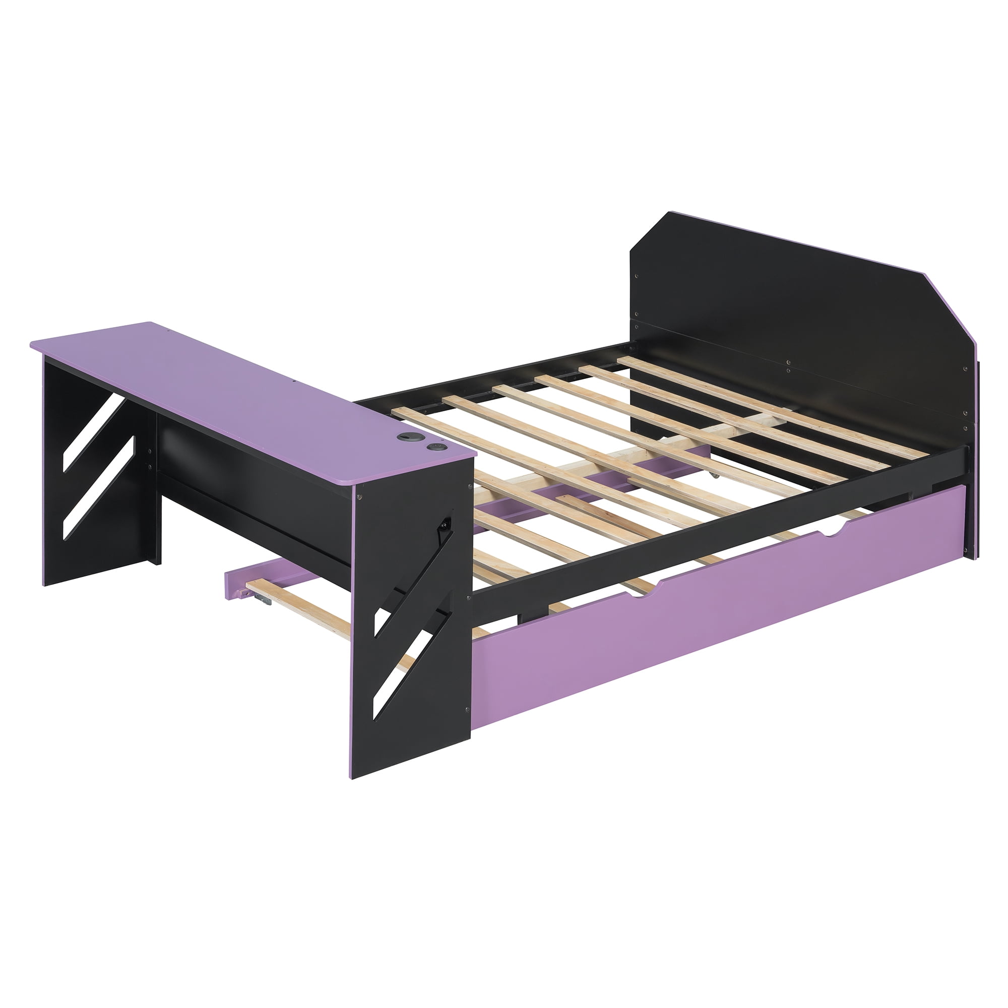 Mintazer Full Size Gaming Daybed with Pull-Out Twin Size Trundle & Desk, Platform Bed Frame with USB for Bedroom Dorm, Black & Purple