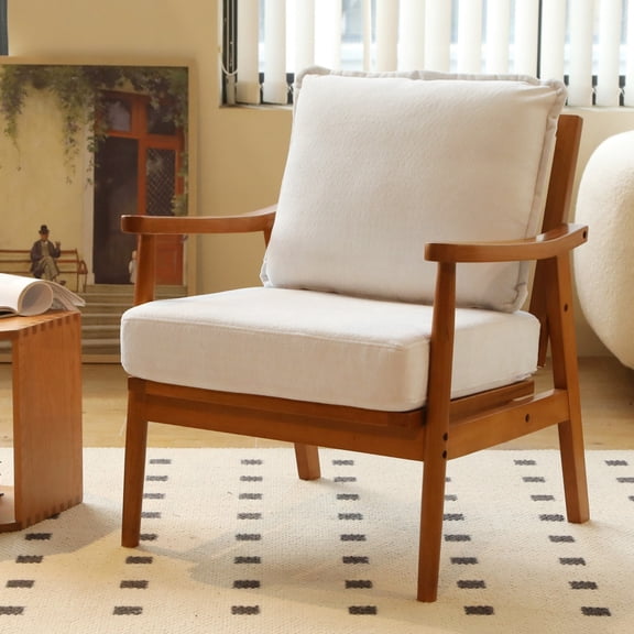 Cute Accent Chair Solid Wood Frame Living Room Chair with Soft Fabric Cushion Comfy Armchair Reading Chair for Bedroom Apartment Balcony Waiting Room, White