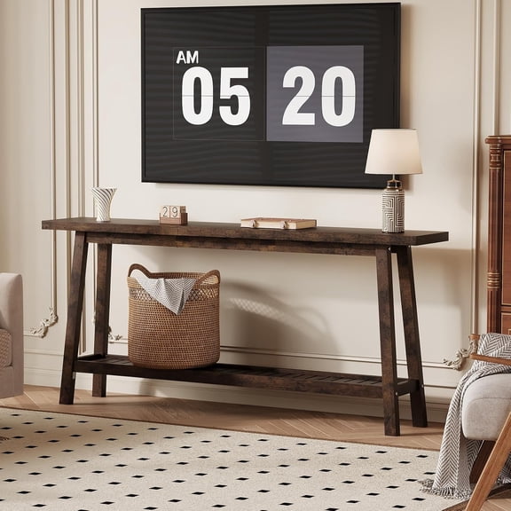 70.9 Inch Extra Long Console Table with Bottom Shelf, 2-Tier Narrow Farmhouse Sofa Table for Entryway, Living Room, or Hallway,Dark brown