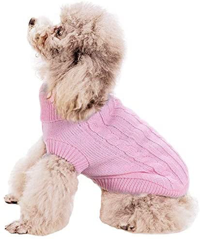 FAMI Cute Pet Clothes European Classical Pet Sweater Turtleneck Dog Sweater with Classic Aran Knit Pink-Large